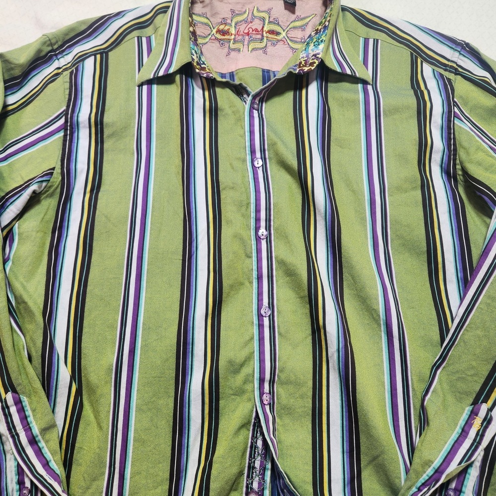 Robert Graham Mens Large Green Striped Button Up Shirt with Turn Cuffs - Picture 8 of 16
